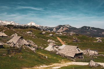 Mountain village in Alps, wooden houses in traditional style, Velika Planina, Kamnik, Slovenia