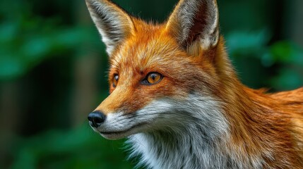 Fototapeta premium A Eurasian red fox stands alert in the forest, its orange and white fur glistening in the sunlight. The animal has a focused gaze, surrounded by lush greenery.