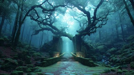 Ancient mossy tree forming a gateway with flickering lights on a stone path in a misty, enchanted forest, seamless loop video. - Powered by Adobe