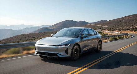 modern ev sedan cruising scenic highway.
