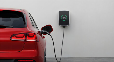 red electric car charging on wall station.