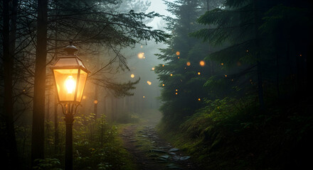 Mystical Forest Path Lit by Lantern and Fairy Lights at Night