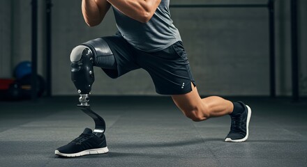 Athlete with advanced prosthetic leg performing lunges during intense gym workout training session