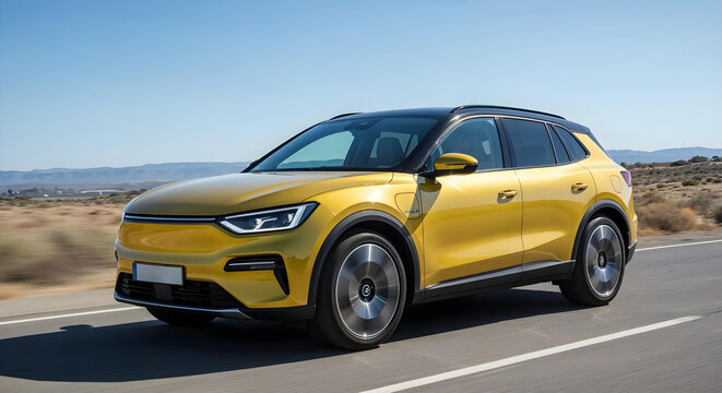 bright yellow ev suv in countryside drive.