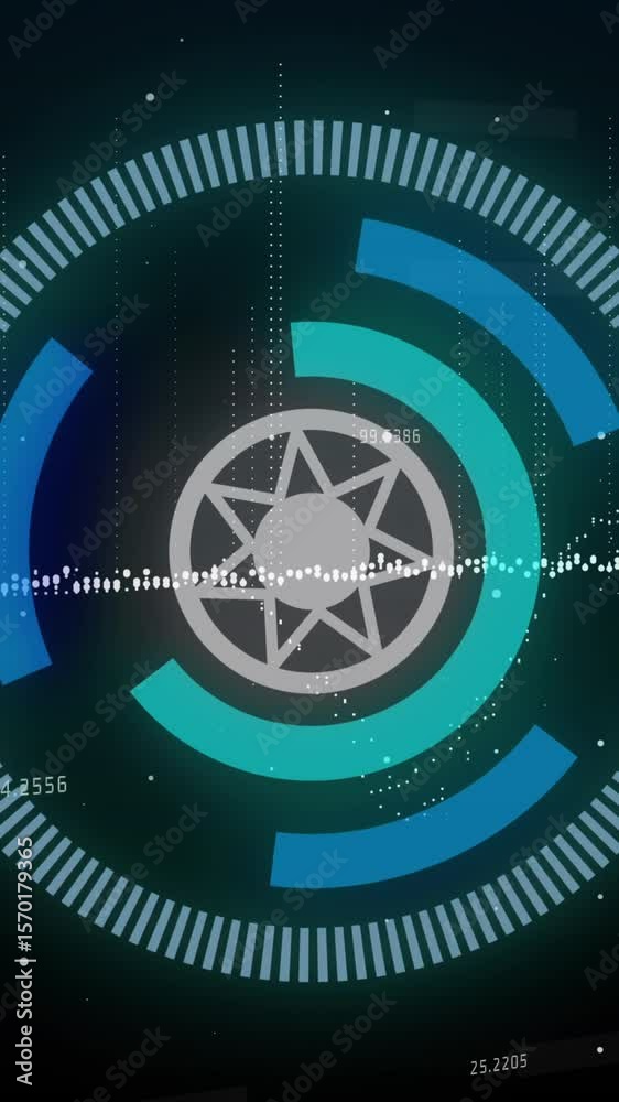Poster data processing and blue data loading icon on black background