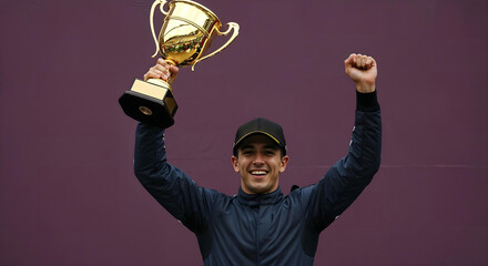 f1 driver celebrating on podium with trophy.