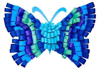 Colorful paper butterfly crafted with rolled strips on white background