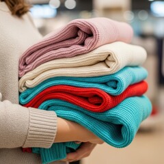 Female holding folded colorful sweaters in store setting