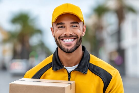 Risue&ntilde;o, trabajador de paqueter&iacute;a, uniformado, usando el uniforme amarillo y sonriendo