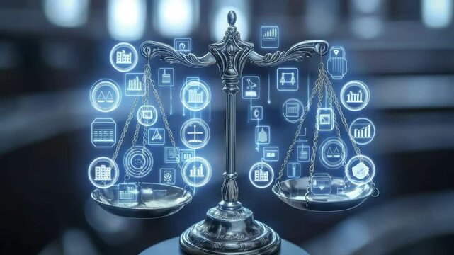 Scales of Justice with futuristic digital icons.
