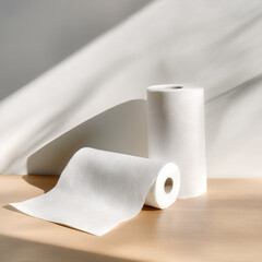 Two rolls of paper towels resting on wooden table in sunlight