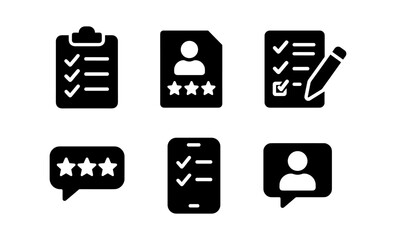 Minimalist black icons for rating, profile, and checklist on white background