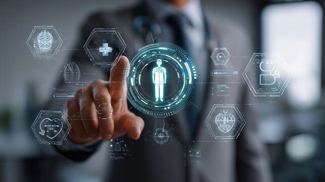 Business professional using a futuristic holographic display for telemedicine, with icons of virtual doctor consultations and AI diagnostics