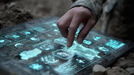 Soldier&rsquo;s hand operating a holographic touchscreen showing military technology icons such as satellite surveillance, cyber defense, and tactical AI maps
