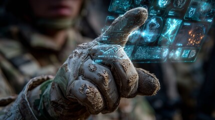 Soldier’s hand operating a holographic touchscreen showing military technology icons such as satellite surveillance, cyber defense, and tactical AI maps