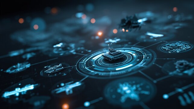 Futuristic military command interface with glowing digital icons of missiles, drones, radar, and armored vehicles on a dark tech background