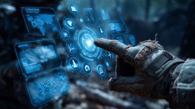 Soldier’s hand operating a holographic touchscreen showing military technology icons such as satellite surveillance, cyber defense, and tactical AI maps
