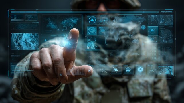 Soldier’s hand operating a holographic touchscreen showing military technology icons such as satellite surveillance, cyber defense, and tactical AI maps