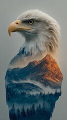 Águila de cabeza, calva en una hermosa ilustración, de doble exposición, símbolo de Norteamérica y la libertad.