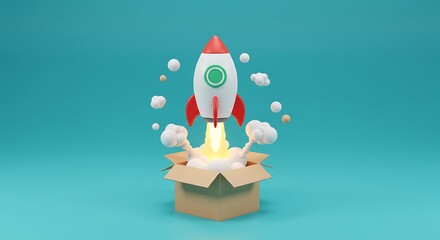 Rocket Launching Out of Box on Teal Background