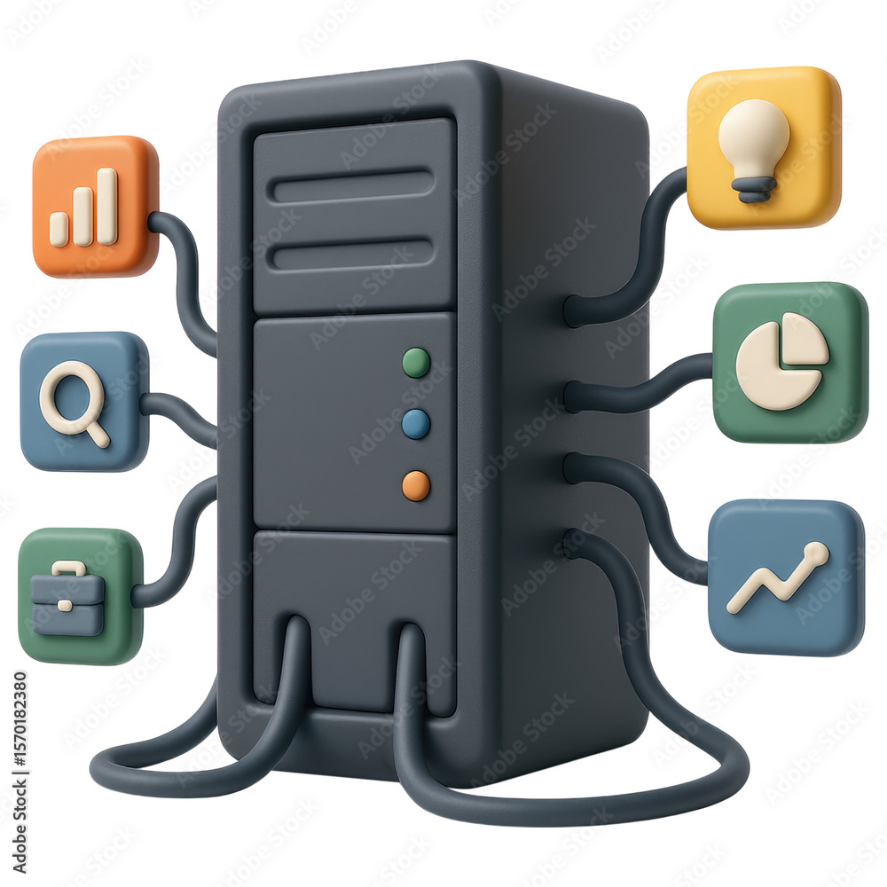 Poster data server business analytics 3d of a connected server with key performance indicators