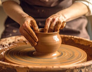 Hands shaping a clay pot on a potter's wheel