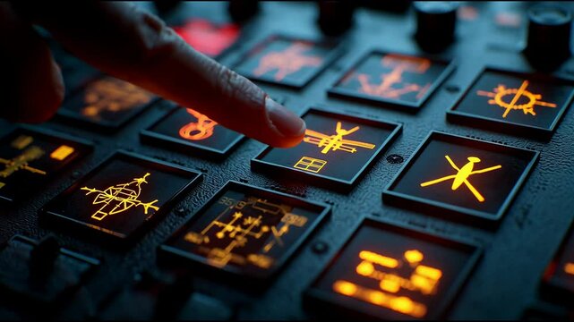 Close-up of a battlefield digital control panel with illuminated icons for airstrikes, electronic warfare, reconnaissance drones, and GPS navigation