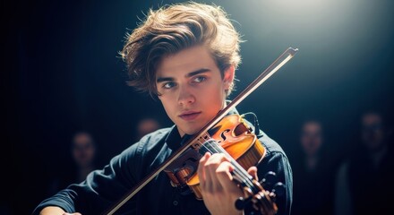 Fototapeta premium Young caucasian male violinist performing on stage with passionate expression