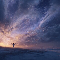 Fototapeta premium Person embracing starry skies in quiet snowy landscape. Serene scenery with cosmic wonder, symbolizing freedom and connection to nature.