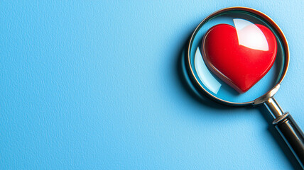 Heart Care and Emotional Focus Depicted by a Magnifying Glass Highlighting a Vibrant Red Heart.
