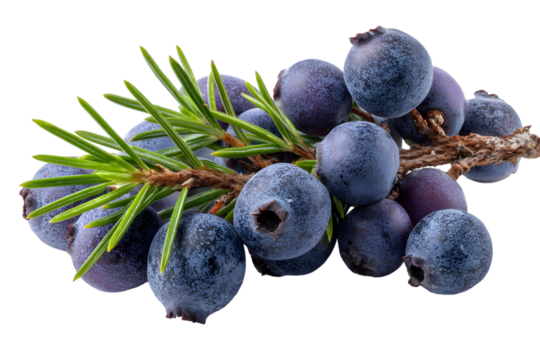 Close up of juniper berries with green needles on a branch against black back