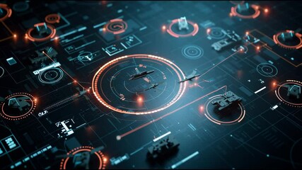 Futuristic military command interface with glowing digital icons of missiles, drones, radar, and armored vehicles on a dark tech background - Powered by Adobe