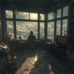 Fototapeta premium Contemplative moment: A person gazes out at a sea of clouds from a vintage-filled room, evoking a sense of serenity and escapism.