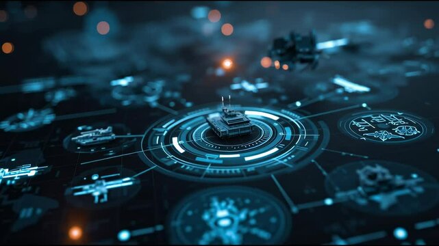Futuristic military command interface with glowing digital icons of missiles, drones, radar, and armored vehicles on a dark tech background