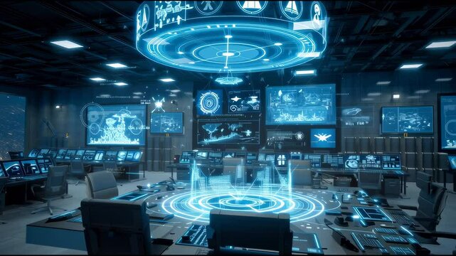 High-tech war room with 3D holograms and military icons including nuclear deterrence, defense shields, stealth aircraft, and missile tracking systems
