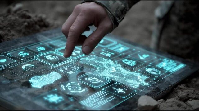 Soldier&rsquo;s hand operating a holographic touchscreen showing military technology icons such as satellite surveillance, cyber defense, and tactical AI maps