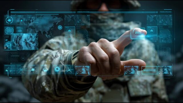 Soldier&rsquo;s hand operating a holographic touchscreen showing military technology icons such as satellite surveillance, cyber defense, and tactical AI maps