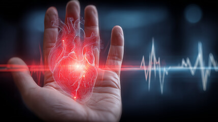 Cardiac Health Monitoring Concept with Heart Hologram and ECG Line.
