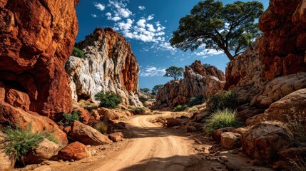 Red rock canyon road under a vibrant sky