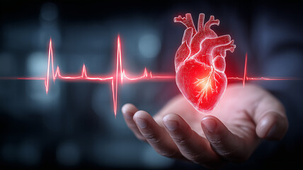 Cardiac Health Monitoring Concept with Heart Hologram and ECG Line.
