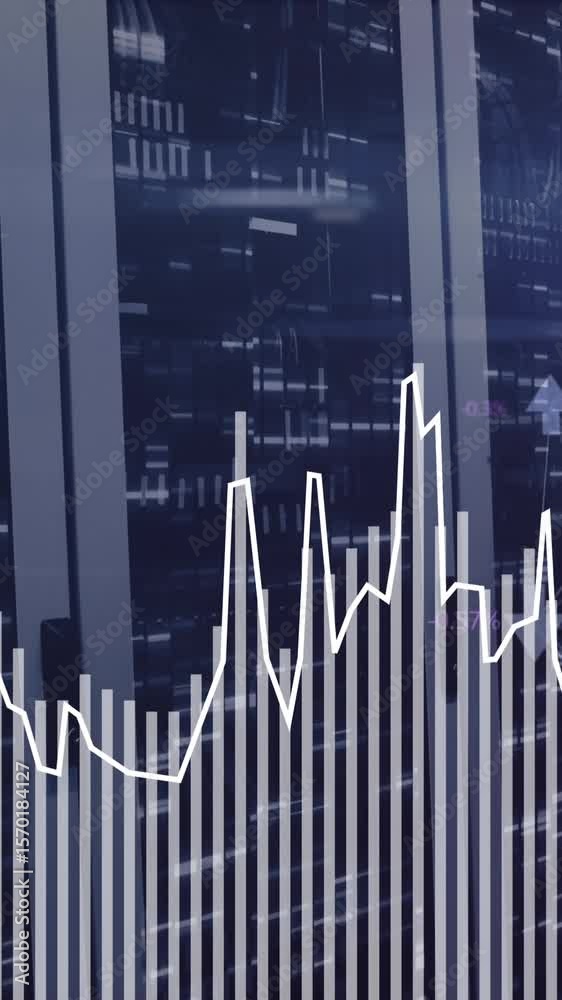 Poster animation of graphs with connected arrows over bars in server racks at server room