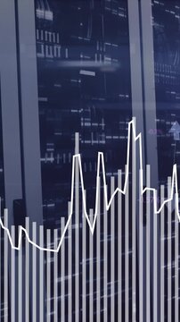 Animation of graphs with connected arrows over bars in server racks at server room