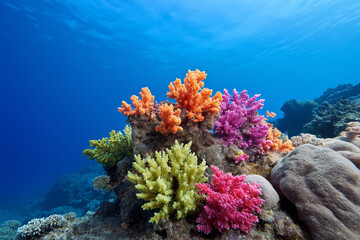 Naklejka premium Vibrant coral reef teeming with life in a clear blue ocean
