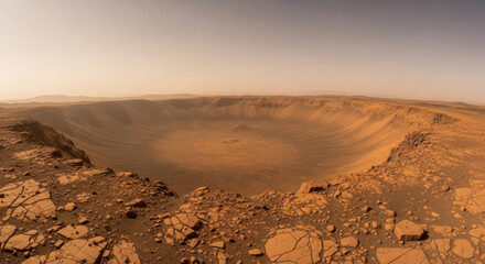 Aerial view of a large crater with rocky terrain and a hazy sky in a desert landscape scene outdoors