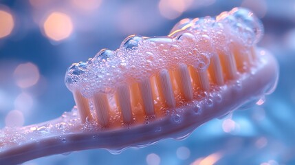 Closeup Of Toothbrush With Foam And Bubbles, Soft Blue And Pink Lighting. Soft Focus Image of Dental Care Routine.  Close up Image With Water Drops.  Pastel Hues And Shiny Texture.  High Resolution