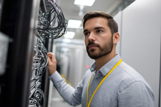 Technician inspecting network cables in a modern server room - Powered by Adobe