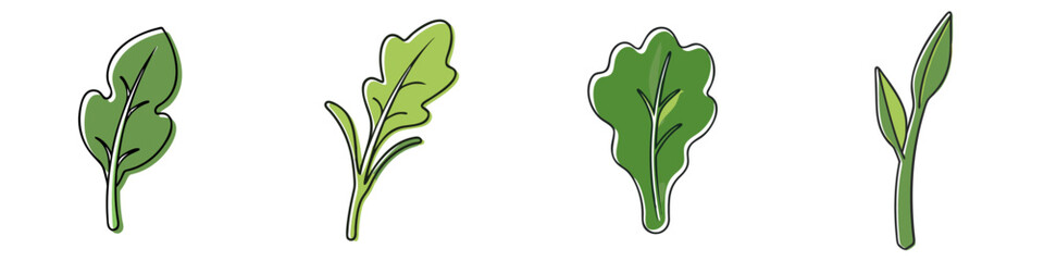 Vibrant dandelion, endive, kale and sorrel leaf sprout icon set in hand drawn style for creative designs and nature inspiration