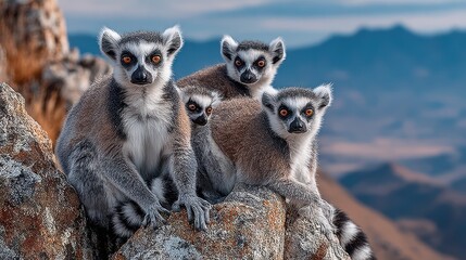 Ring-tailed lemurs on a rocky mountaintop
