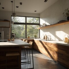 Sun-drenched contemporary kitchen featuring wood cabinetry, island seating, and a large window with a view of lush greenery.