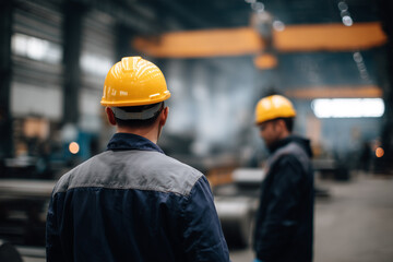 Workers in safety gear inside a large industrial facility